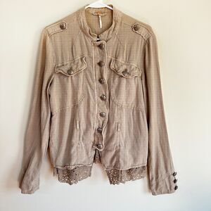 Free People Size SMALL Military Femme Lace Emilia Jacket Linen Blend Tan Khaki